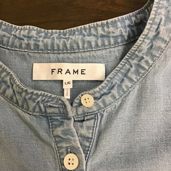 FRAME Large Flutter Sleeve Smocked Chambray Women’s Linen Blend Top Blouse - Picture 6 of 10